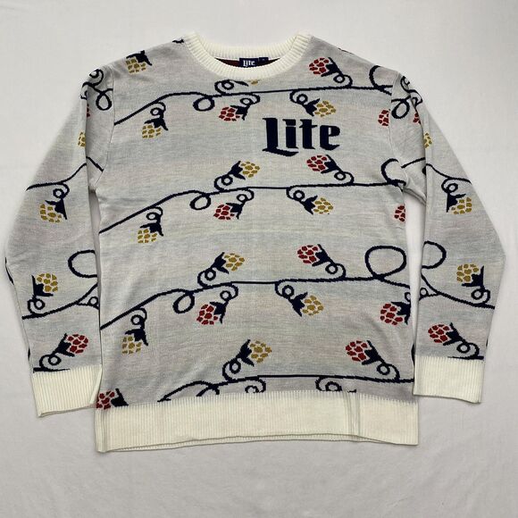 Miller Lite Sweater Mens XL Gray White Holiday Lights Hops Ugly Christmas Beer - Picture 1 of 8